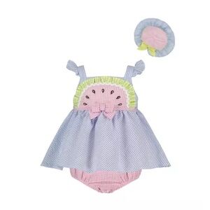 Blueberi Boulevard Seersucker Watermelon Baby Dress with Hat
